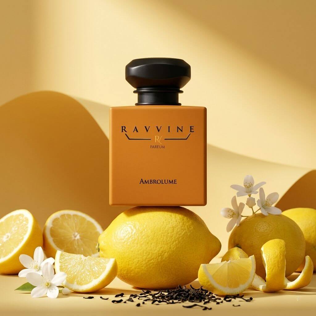 A perfume bottle labeled RAVVINE IV PARFUM and ABBROLLUME stands centered on a yellow surface with whole and sliced lemons, white blossoms, and scattered dark tea leaves around it. The bottle is matte mustard-gold with a black cap, and the scene is lit in golden tones. Inspired by LV imagination 
