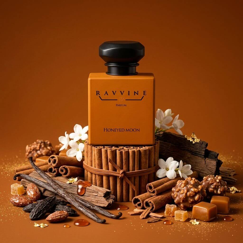 A perfume bottle labeled RAVVINE HONEYED MOON, styled with cinnamon sticks, vanilla beans, nuts, caramel cubes, and white flowers on a warm brown background.