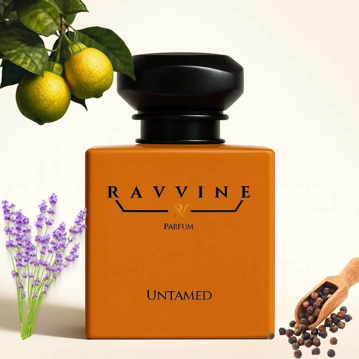 Bottle of UNTAMED fragrance featuring bergamot, lavender, and black pepper, showcasing a fresh and bold scent.