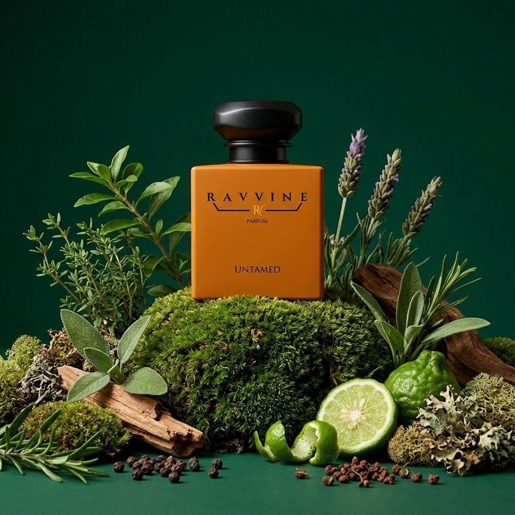 An orange rectangular perfume bottle labeled 'RAVINE 'UNTAMED' stands on a mound of green moss, surrounded by botanical props including lavender, rosemary, moss, cinnamon, peppercorns, and lime slices against a dark green background. Inspired by Dior Sauvage EDP