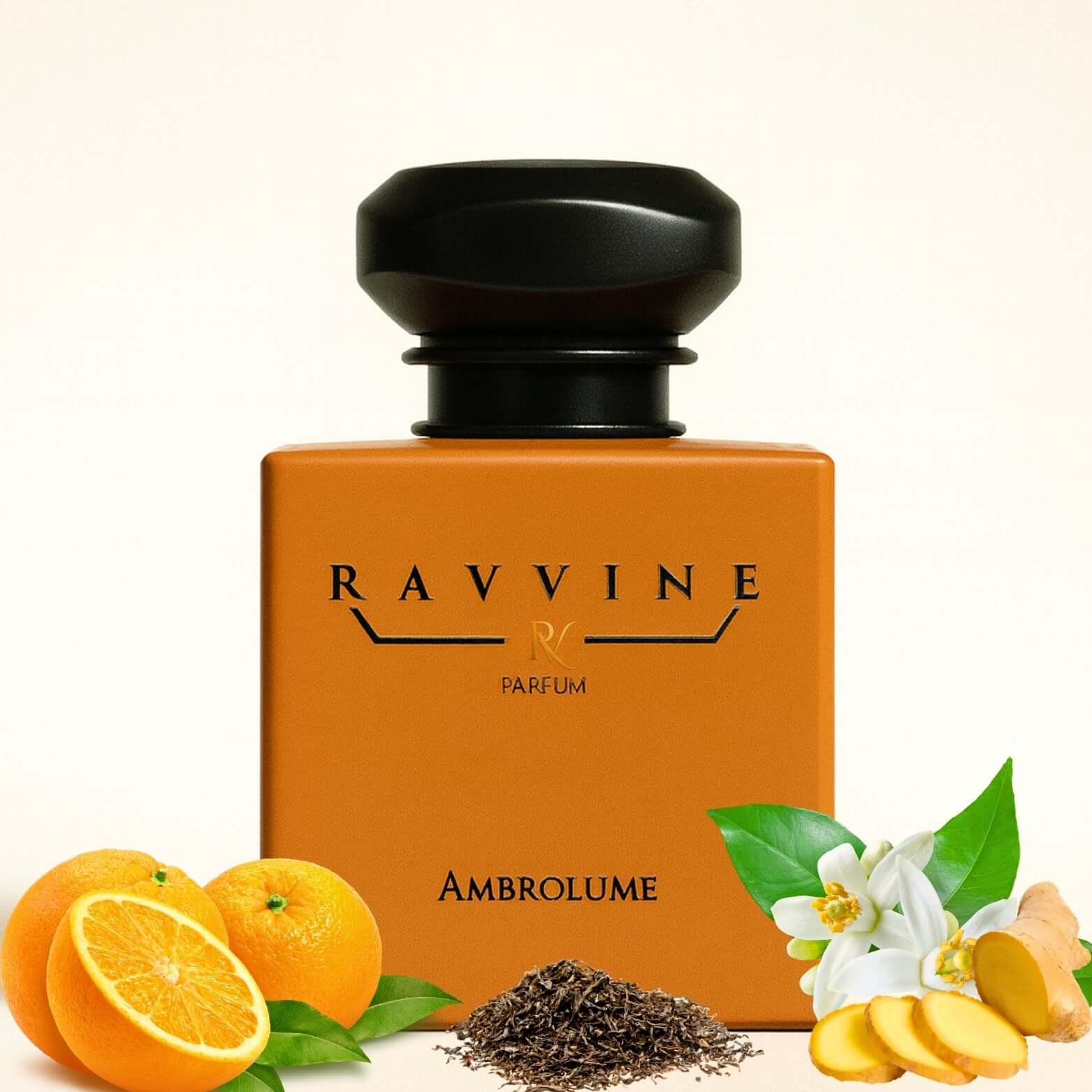 AMBROLUME perfume bottle with citrus fruits and black tea, capturing freedom and elegance.