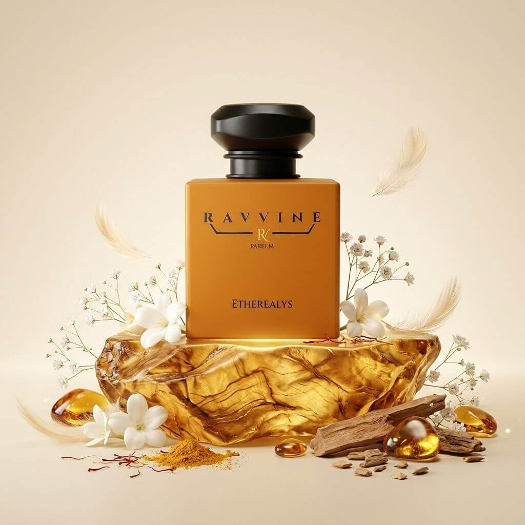 A perfume bottle labeled RAVVINE FRAGRANCE and ETHEREALEYS, centered on a polished gold stone with white flowers, amber droplets, and feathers around it on a warm beige background.  Inspired by Baccarat rouge 540
