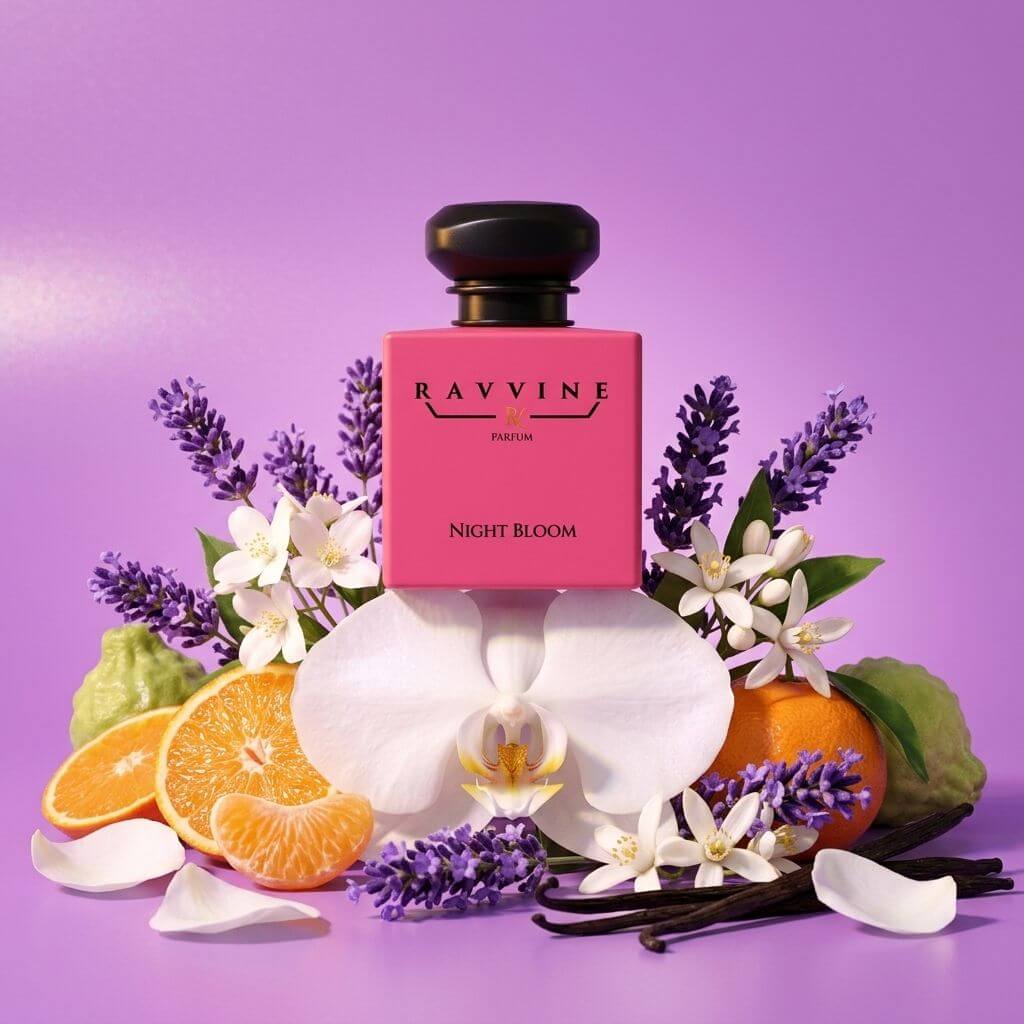 A pink Ravvine Parfum bottle labeled 'Night Bloom' is centered among flowers, citrus slices, lavender sprigs, vanilla beans, and petals on a purple background. Inspired by YSL Libre Intense