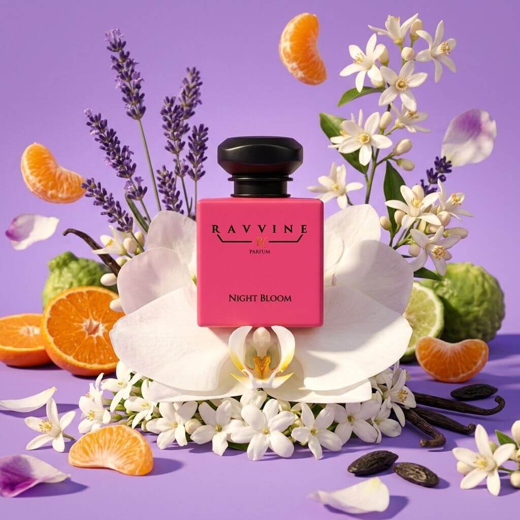 A pink perfume bottle labeled 'RAVINE PNIGHT BLOOM' centered among white orchids, lavender sprigs, orange slices, and small flowers on a lavender background. Inspired by YSL Libre Intense