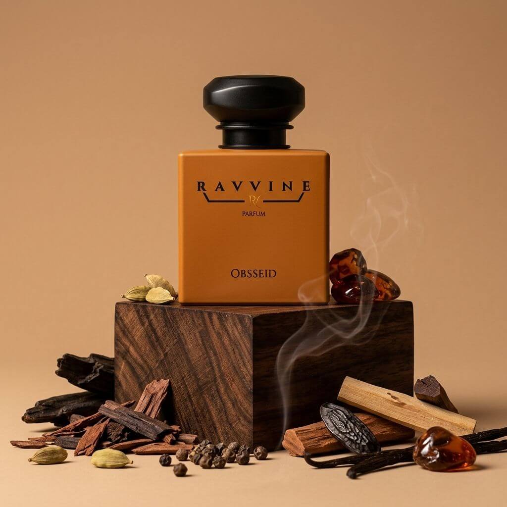 A perfume bottle labeled 'RAVINE BY OBSSOID' in warm amber-orange glass with a black cap, displayed on a dark wooden block with spices, wood pieces, and smoke against a beige background. Inspired by Tom ford Oud wood