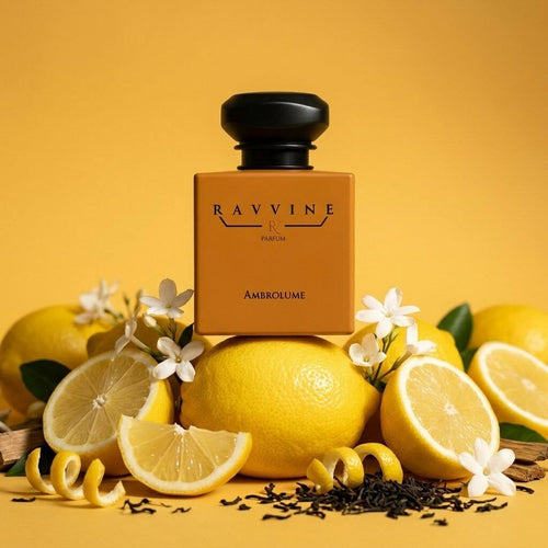 A perfume bottle labeled RAVVINE x PARFUM and AMBROLUME stands centered on a warm yellow background, surrounded by whole and sliced lemons, white flowers, and curled lemon zest. The bottle is matte mustard yellow with a black cap. Inspired by LV imagination 