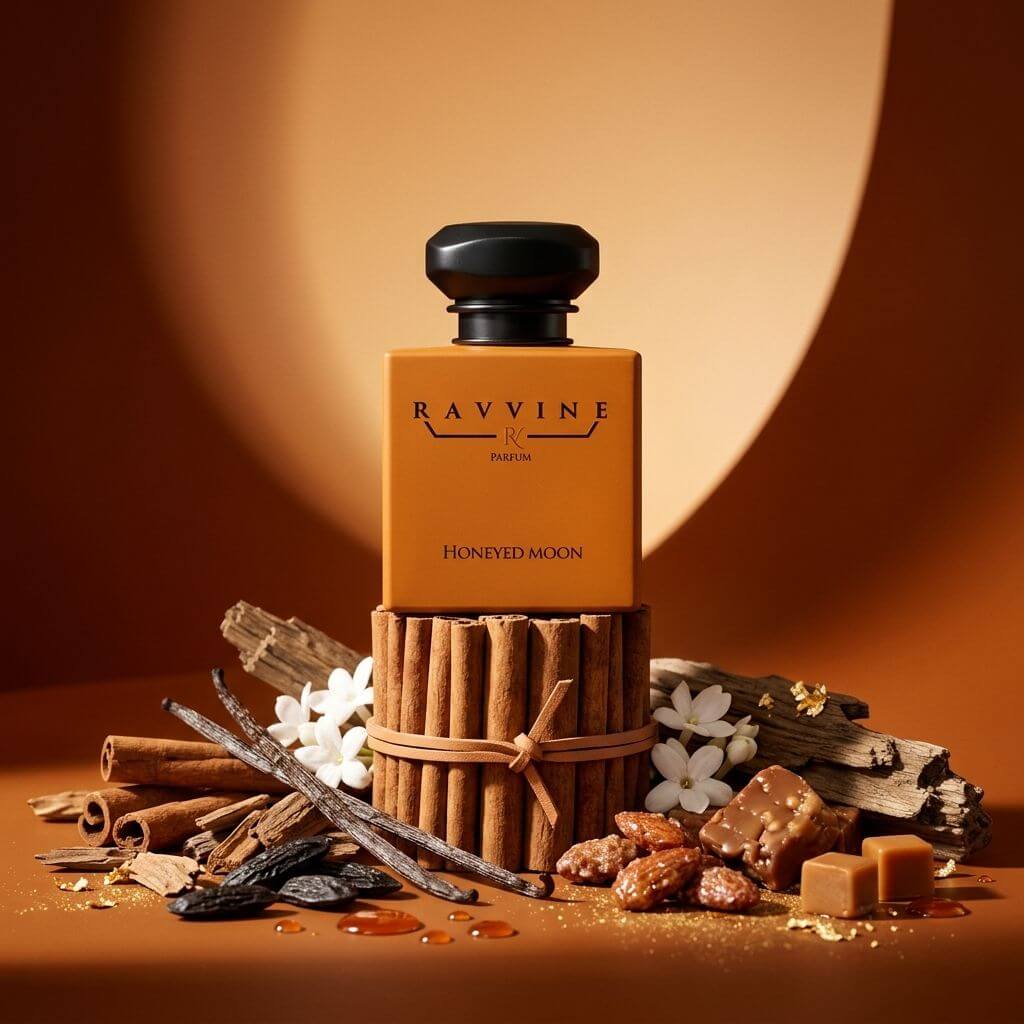 A bottle of RAVVINE Paris 'Honeyed Moon' perfume displayed on a bundle of cinnamon sticks, surrounded by caramel candies, vanilla beans, cinnamon sticks, and white flowers against a warm, circular brown background.