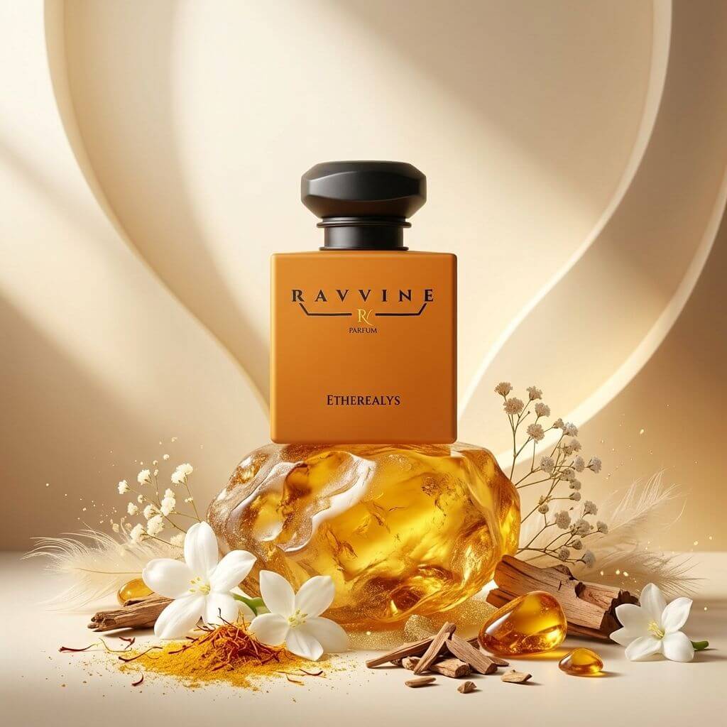 A perfume bottle labeled 'RAVINE ETHEREALYS' in warm amber tones, styled with white flowers, dried botanicals, cinnamon sticks, and translucent amber resin on a cream background with soft architectural shadows.  Inspired by Baccarat rouge 540