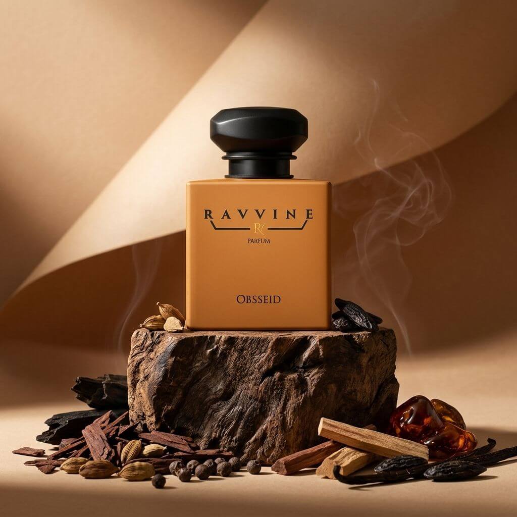 A square amber-brown perfume bottle with a black cap stands on a rustic wood stump, surrounded by spices, bark, and dried botanicals. The bottle is labeled 'RAVINE OBSSOID PARFUM' Inspired by Tom ford Oud wood