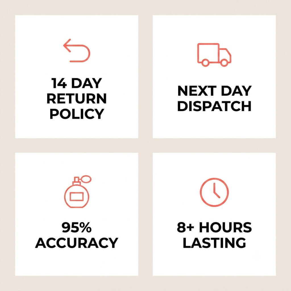 A 2x2 promotional graphic with four white panels on a light beige background. The panels feature orange icons and black text highlighting product benefits: a return arrow with '14 DAY RETURN POLICY,' a delivery truck with 'NEXT DAY DISPATCH,' a perfume bottle with '95% ACCURACY,' and a clock with '8+ HOURS LASTING.
