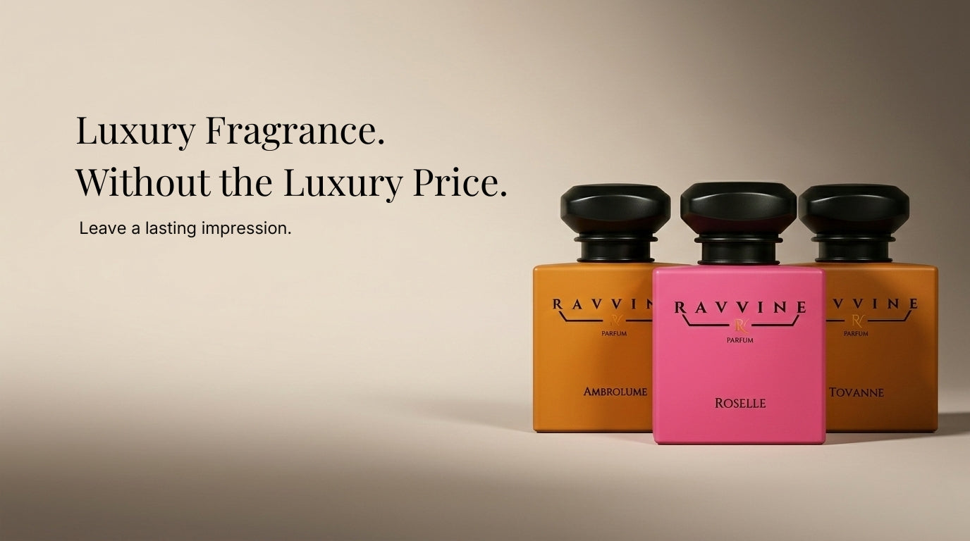 Three RAVVINE perfume bottles with a promotional message on a beige background